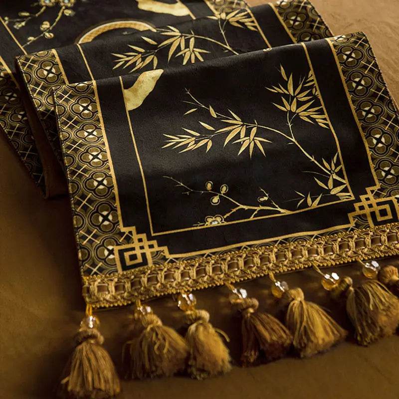 Chinoiserie Vintage Luxury High-End Black Table Runner - SinoCultural -- TR017BK160 -