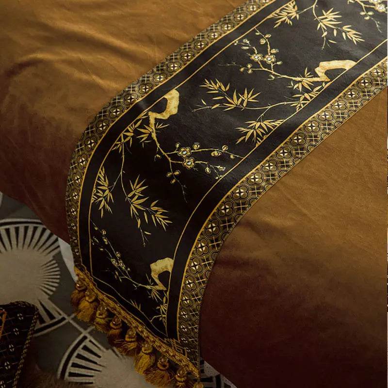 Chinoiserie Vintage Luxury High-End Black Table Runner - SinoCultural -- TR017BK160 -