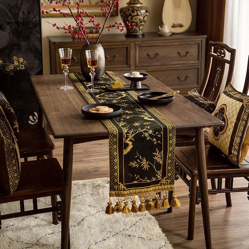 Chinoiserie Vintage Luxury High-End Black Table Runner - SinoCultural -- TR017BK160