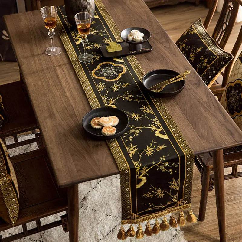 Chinoiserie Vintage Luxury High-End Black Table Runner - SinoCultural -- TR017BK160 -