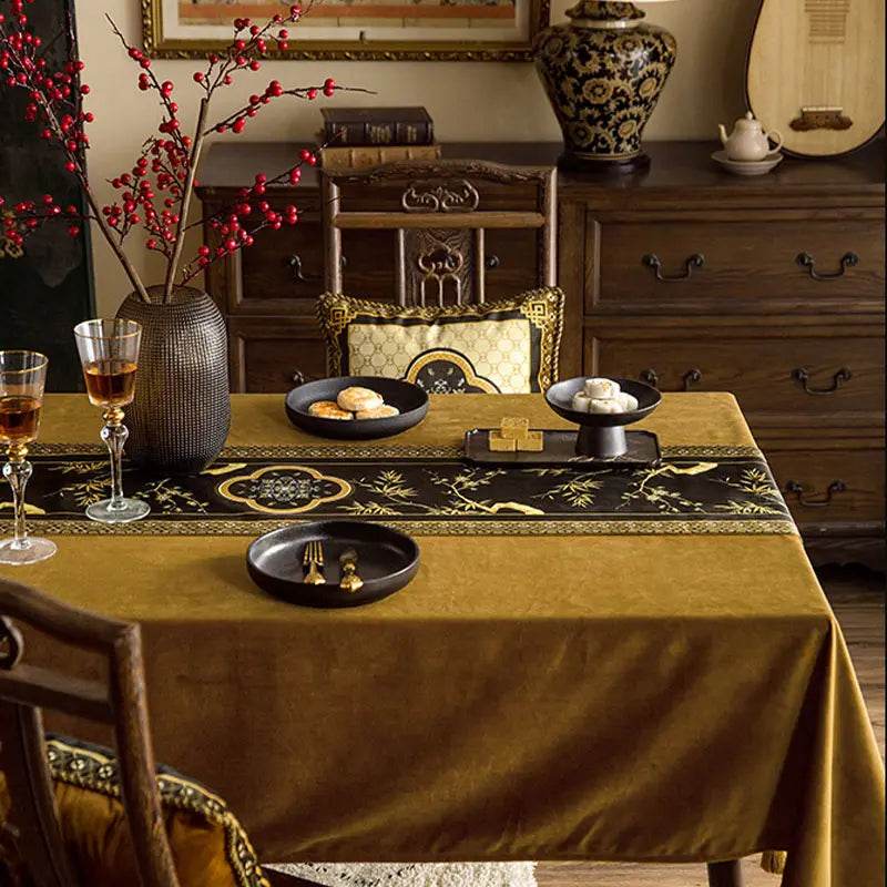 Chinoiserie Vintage Luxury High-End Black Table Runner - SinoCultural -- TR017BK160 -