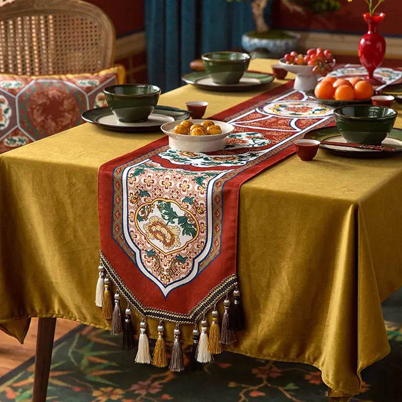 Chinoiserie Vintage Royal Palace Design Red Table Runner - SinoCultural -- TR018R160 -