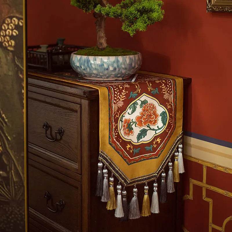 Chinoiserie Vintage Royal Palace Design Red Table Runner - SinoCultural -- TR018R160 -