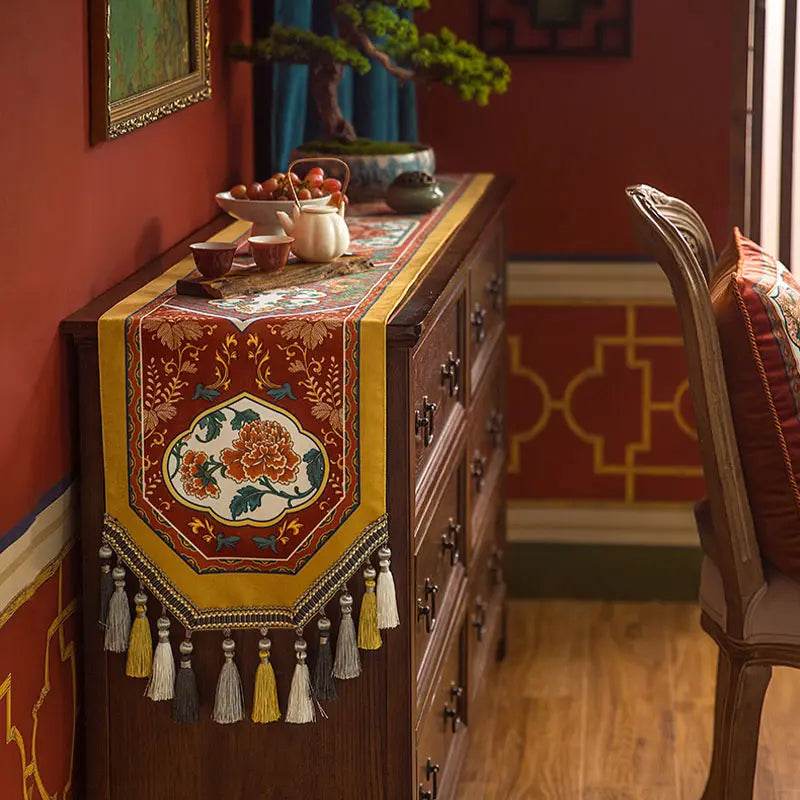 Chinoiserie Vintage Royal Palace Design Red Table Runner - SinoCultural -- TR018R160 -