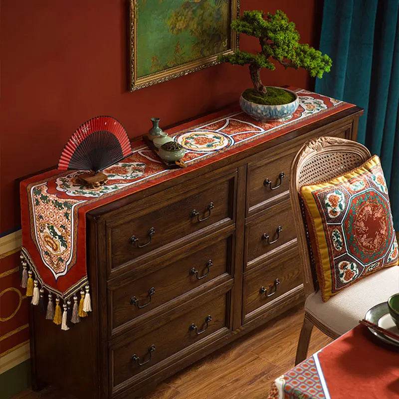 Chinoiserie Vintage Royal Palace Design Red Table Runner - SinoCultural -- TR018R160 -