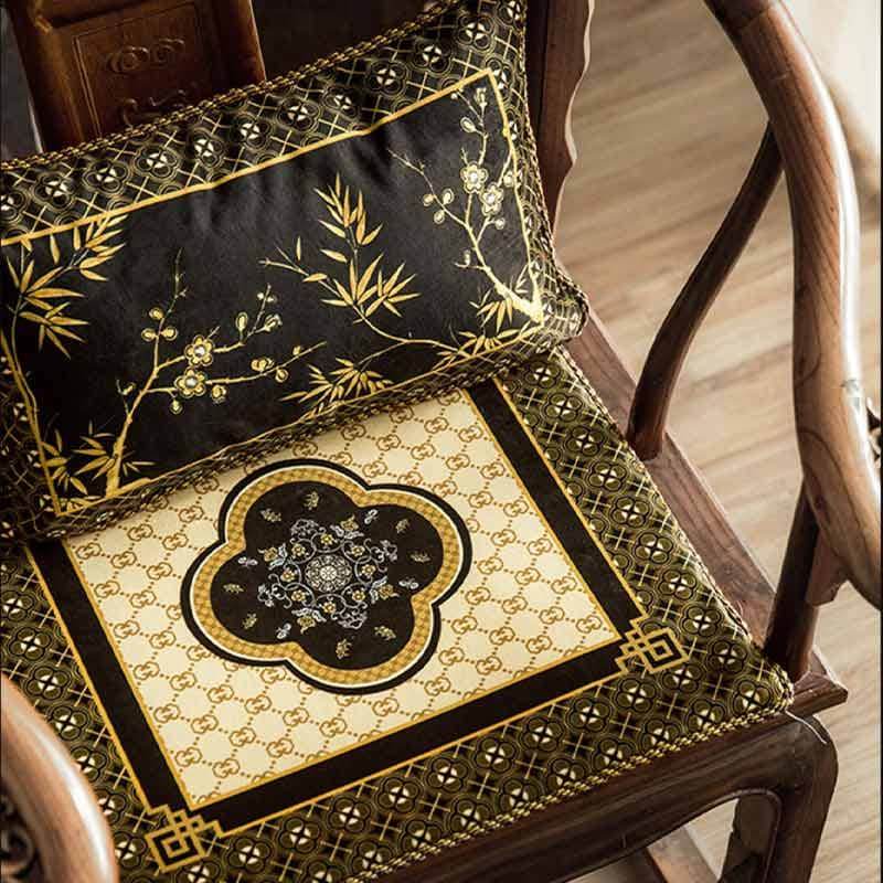 Chinoiserie Vintage Short Plush Lumbar Pillow Black-Gold Bamboo - SinoCultural