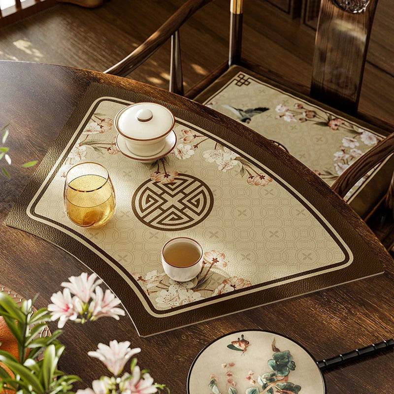 2-Piece Chinoiserie Vintage Springtime Round Table Fan-shaped Placemats - SinoCultural -- TM022A46