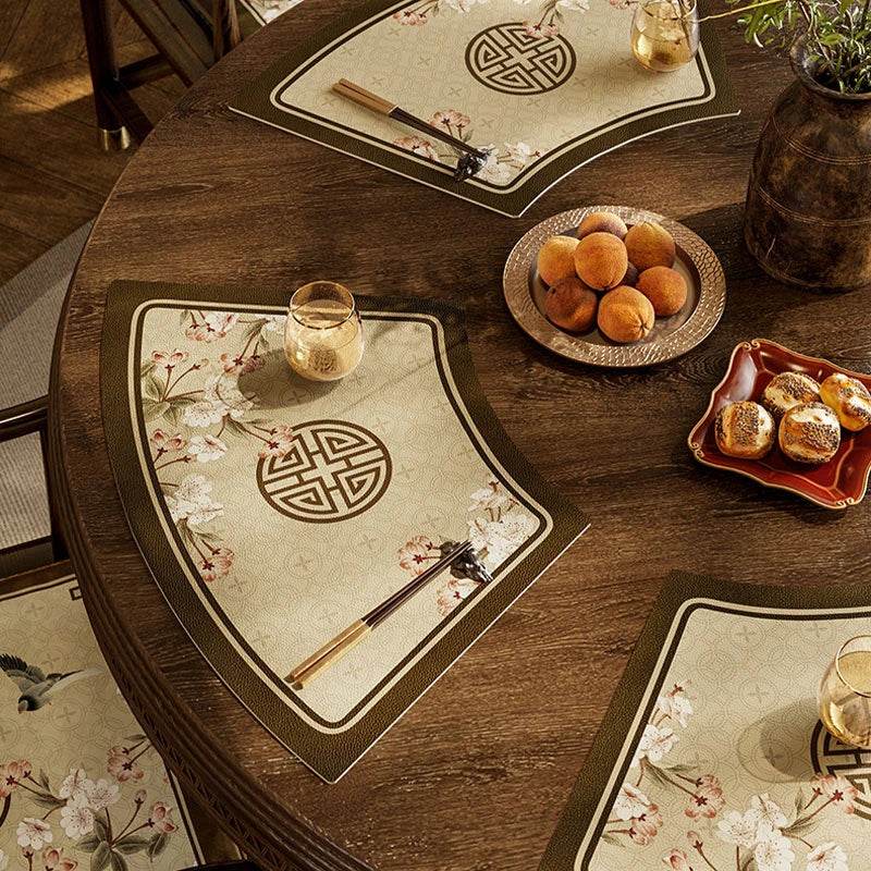 2-Piece Chinoiserie Vintage Springtime Round Table Fan-shaped Placemats - SinoCultural -- TM022A46