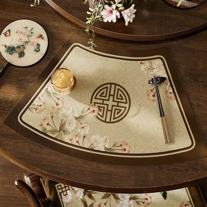 2-Piece Chinoiserie Vintage Springtime Round Table Fan-shaped Placemats - SinoCultural -- TM022A46