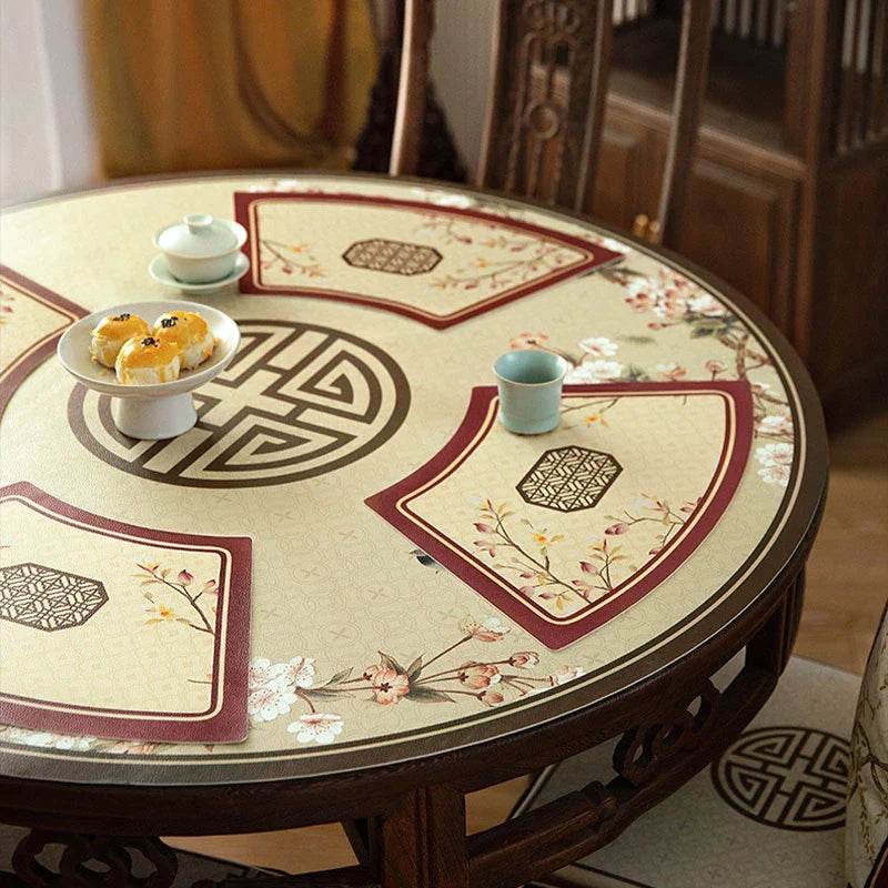 2-Piece Chinoiserie Vintage Springtime Round Table Fan-shaped Placemats - SinoCultural -- TM022A46