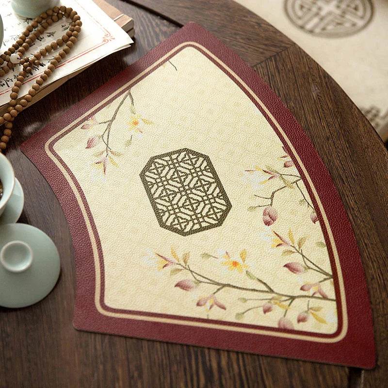 2-Piece Chinoiserie Vintage Springtime Round Table Fan-shaped Placemats - SinoCultural -- TM022A46
