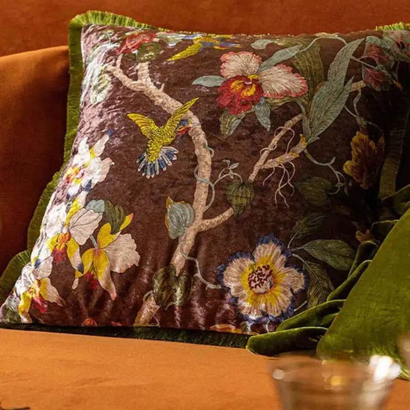Chinoiserie Vintage Velvet Throw Pillow Floral and Botanical - SinoCultural -- SJZBZ006B01