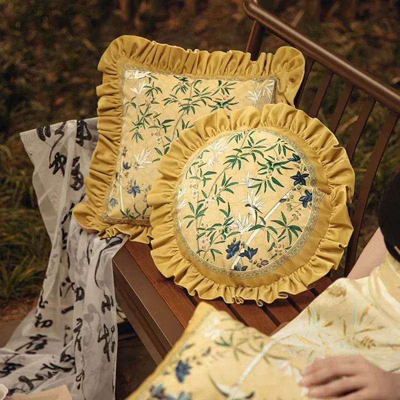 Chinoiserie Vintage Yellow Throw Pillow Autumn Bamboo Blossom - SinoCultural -- SJZBZ023A01