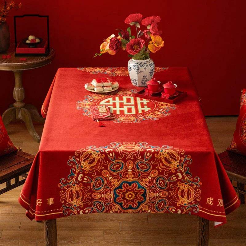Chinoiserie Wedding Celebration Chinese Pattern 囍(xǐ) Red Tablecloth - SinoCultural -- TC018R85