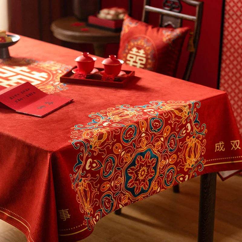 Chinoiserie Wedding Celebration Chinese Pattern 囍(xǐ) Red Tablecloth - SinoCultural -- TC018R85