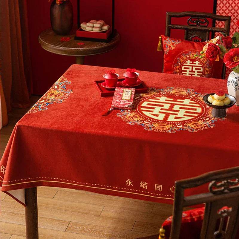 Chinoiserie Wedding Celebration Chinese Pattern 囍(xǐ) Red Tablecloth - SinoCultural -- TC018R85