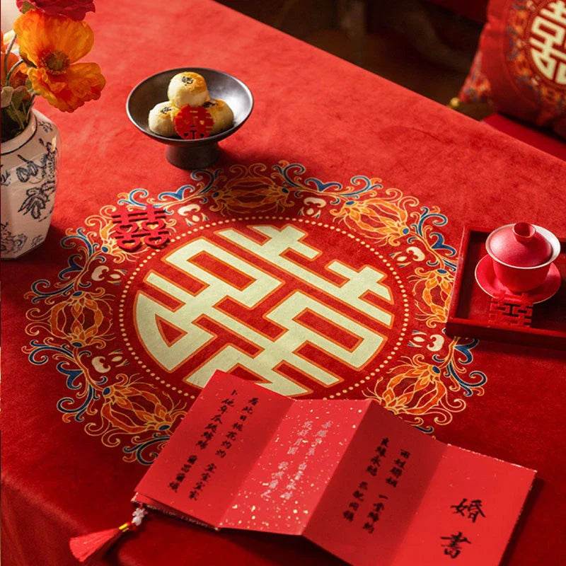 Chinoiserie Wedding Celebration Chinese Pattern 囍(xǐ) Red Tablecloth - SinoCultural -- TC018R85