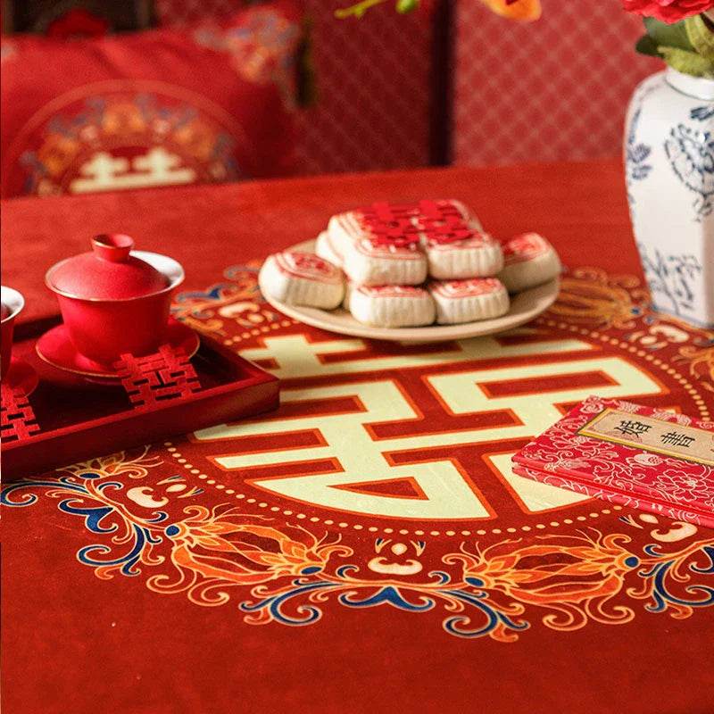 Chinoiserie Wedding Celebration Chinese Pattern 囍(xǐ) Red Tablecloth - SinoCultural -- TC018R85