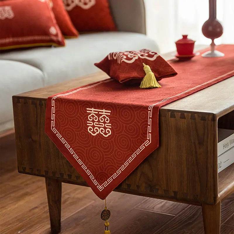Chinoiserie Wedding Celebration Prosperity Red Table Runner - SinoCultural -- TR012R160 -