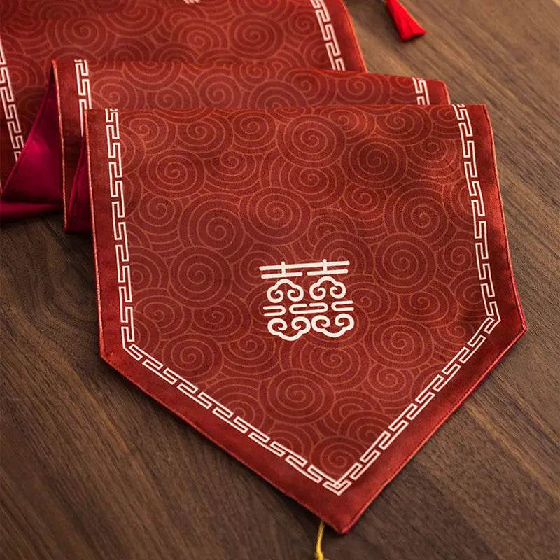 Chinoiserie Wedding Celebration Prosperity Red Table Runner - SinoCultural -- TR012R160 -