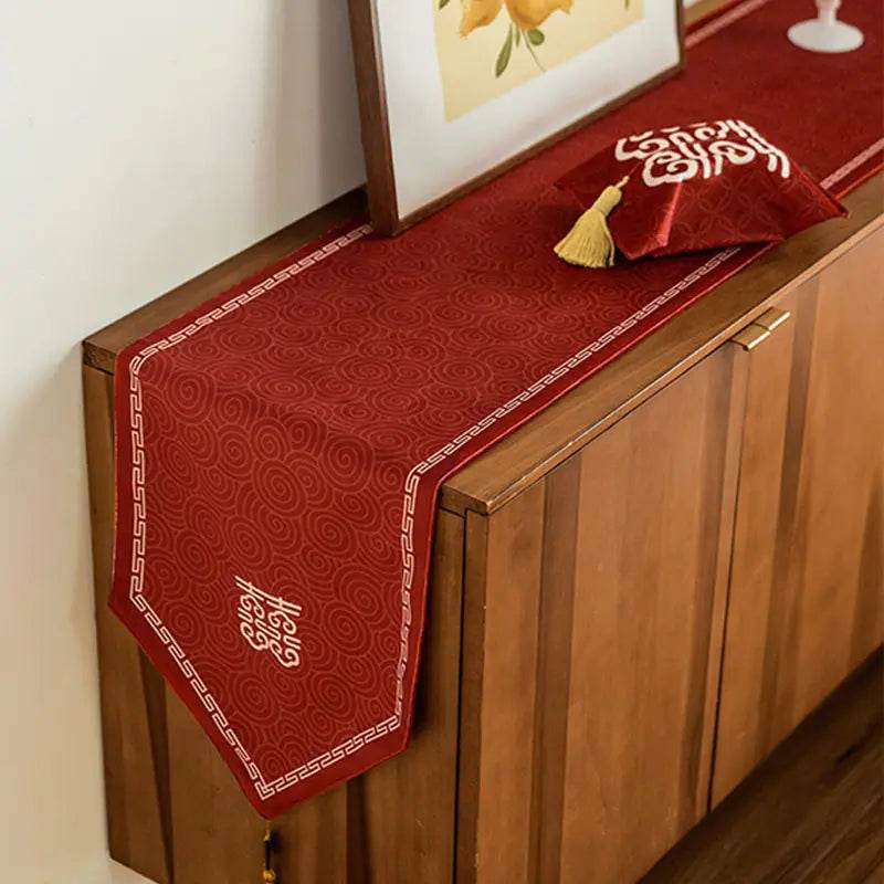Chinoiserie Wedding Celebration Prosperity Red Table Runner - SinoCultural -- TR012R160 -