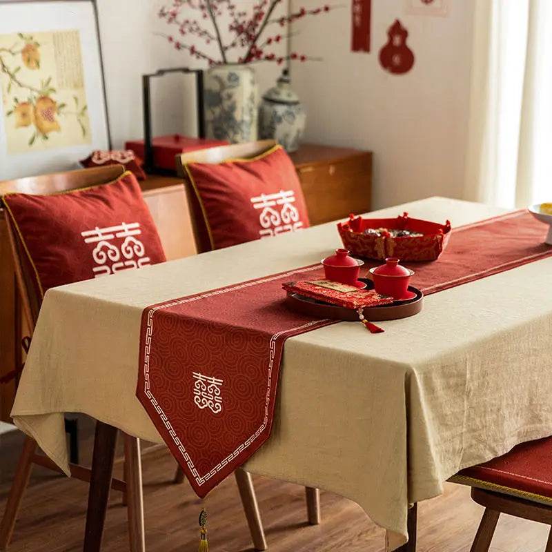 Chinoiserie Wedding Celebration Prosperity Red Table Runner - SinoCultural -- TR012R160 -