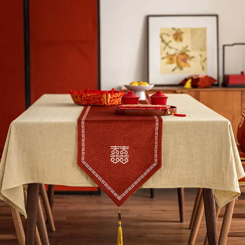Chinoiserie Wedding Celebration Prosperity Red Table Runner - SinoCultural -- TR012R160 -