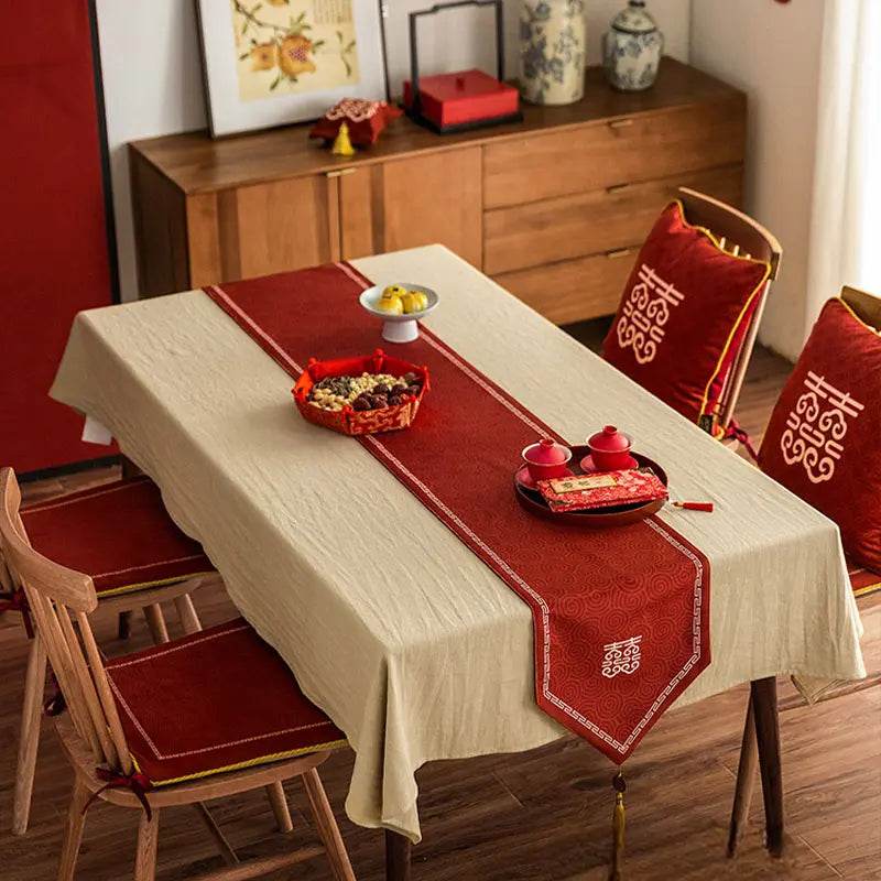 Chinoiserie Wedding Celebration Prosperity Red Table Runner - SinoCultural -- TR012R160 -