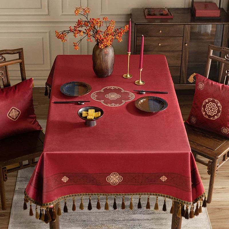 Chinoiserie Wedding Celebration Red Rectangular Chinese Pattern Tablecloth - SinoCultural -- TC019R85