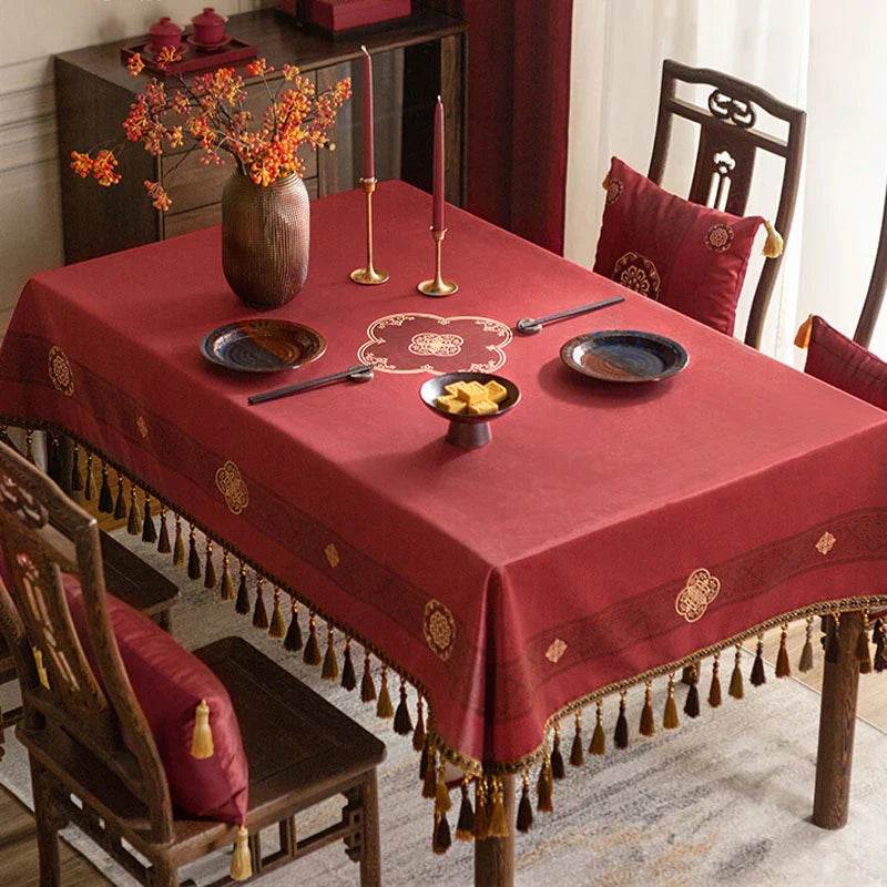 Chinoiserie Wedding Celebration Red Rectangular Chinese Pattern Tablecloth - SinoCultural -- TC019R85