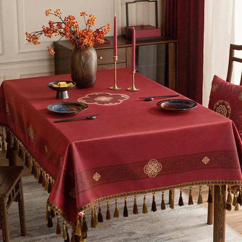 Chinoiserie Wedding Celebration Red Rectangular Chinese Pattern Tablecloth - SinoCultural -- TC019R85