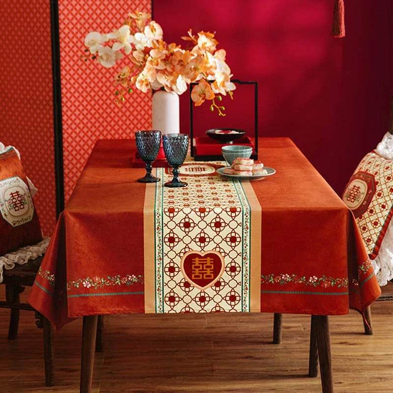 Chinoiserie Wedding Celebration Red Rectangular Tablecloth - SinoCultural -- TC020R85