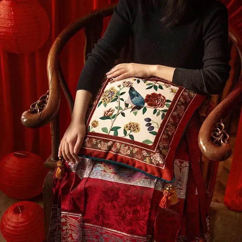 Sinocultural Chinoiserie Wedding Flower and Bird Throw Pillow Joyful Red Celebration - SinoCultural -- SJZBZ018A01