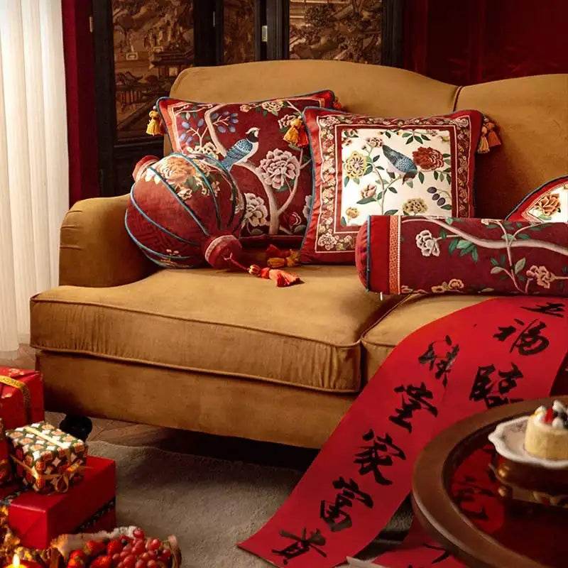Sinocultural Chinoiserie Wedding Flower and Bird Throw Pillow Joyful Red Celebration - SinoCultural -- SJZBZ018A01