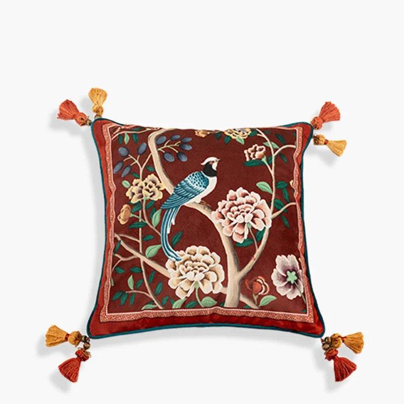 Sinocultural Chinoiserie Wedding Flower and Bird Throw Pillow Joyful Red Celebration - SinoCultural -- SJZBZ018A01