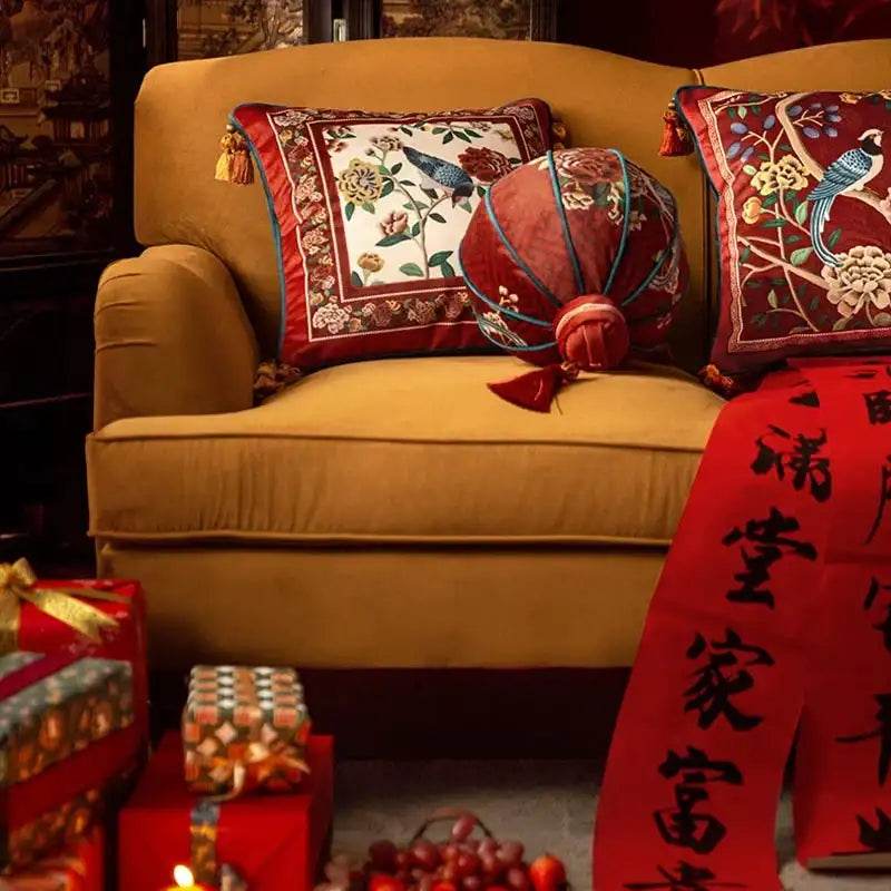 Sinocultural Chinoiserie Wedding Flower and Bird Throw Pillow Joyful Red Celebration - SinoCultural -- SJZBZ018A01