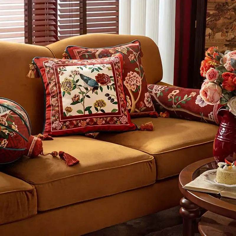 Sinocultural Chinoiserie Wedding Flower and Bird Throw Pillow Joyful Red Celebration - SinoCultural -- SJZBZ018A01