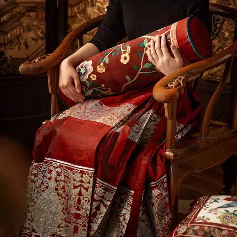 Sinocultural Chinoiserie Wedding Flower and Bird Throw Pillow Joyful Red Celebration - SinoCultural -- SJZBZ018A01