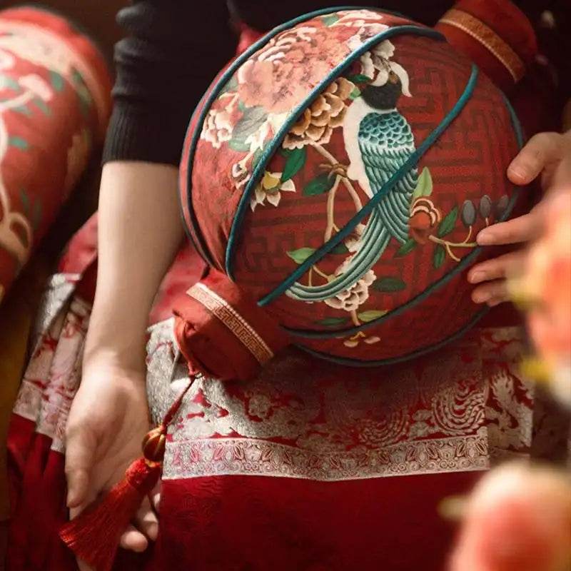 Sinocultural Chinoiserie Wedding Flower and Bird Throw Pillow Joyful Red Celebration - SinoCultural -- SJZBZ018A01