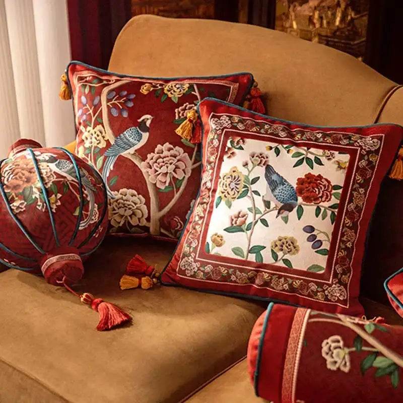 Sinocultural Chinoiserie Wedding Flower and Bird Throw Pillow Joyful Red Celebration - SinoCultural -- SJZBZ018A01