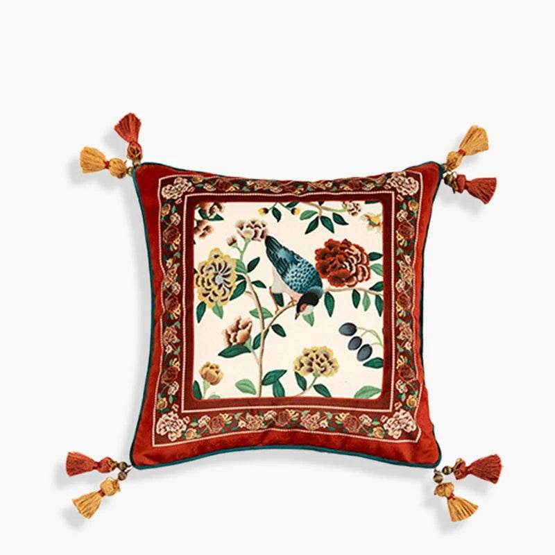 Sinocultural Chinoiserie Wedding Flower and Bird Throw Pillow Joyful Red Celebration - SinoCultural -- SJZBZ018A01