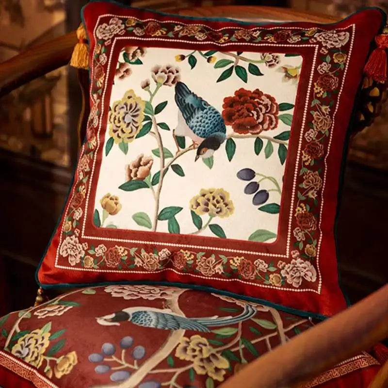 Sinocultural Chinoiserie Wedding Flower and Bird Throw Pillow Joyful Red Celebration - SinoCultural -- SJZBZ018A01