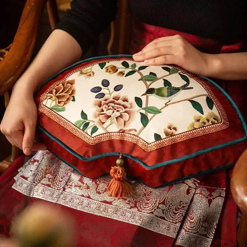 Sinocultural Chinoiserie Wedding Flower and Bird Throw Pillow Joyful Red Celebration - SinoCultural -- SJZBZ018A01