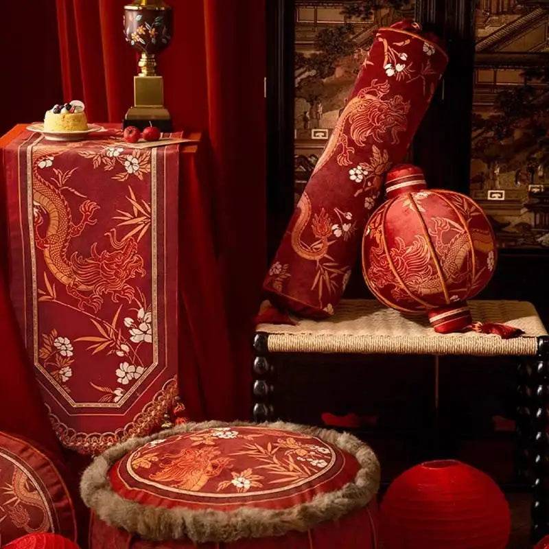 Chinoiserie Wedding Long Throw Pillow Joyful Red Celebration - SinoCultural -- SJZBZ017RD01 -