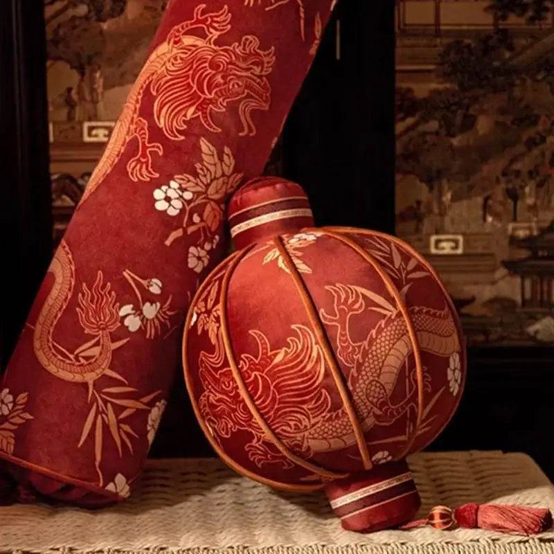 Chinoiserie Wedding Long Throw Pillow Joyful Red Celebration - SinoCultural -- SJZBZ017RD01 -