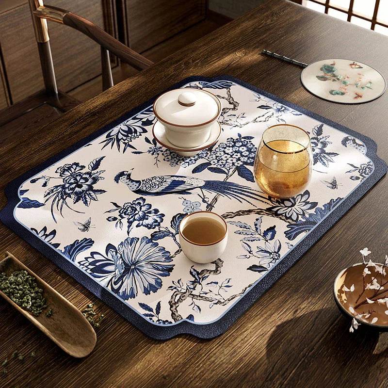 Chinoiserie White and Blue Leather Tea Table Drying Mat - SinoCultural -- TM009A15