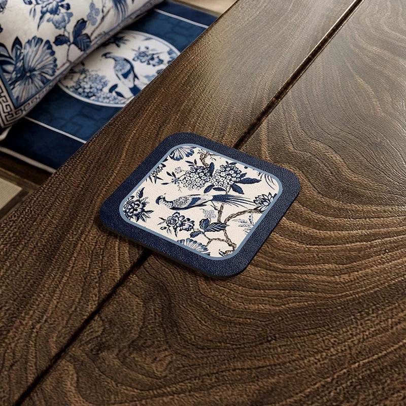 Chinoiserie White and Blue Leather Tea Table Drying Mat - SinoCultural -- TM009A15