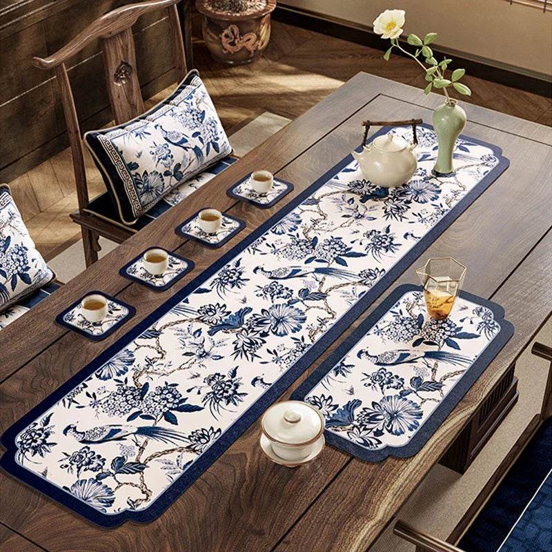 Chinoiserie White and Blue Leather Tea Table Drying Mat - SinoCultural -- TM009A15