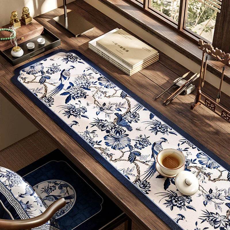 Chinoiserie White and Blue Leather Tea Table Drying Mat - SinoCultural -- TM009A15