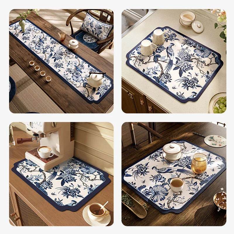 Chinoiserie White and Blue Leather Tea Table Drying Mat - SinoCultural -- TM009A15